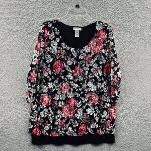 Catherines Womens Top‎ 0X Red Floral Lace Overlay Layered Plus Size Romantic